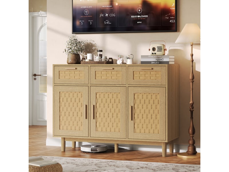  Buffet en osier avec 3 tiroirs et 3 portes, 107,9 x 40 x 80 cm, espace de rangement, couleur bois  - Conforama B