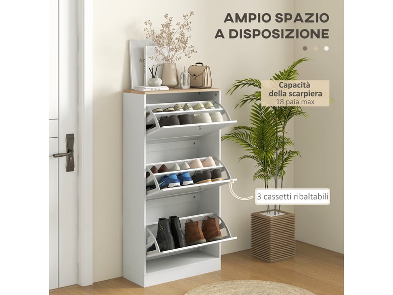 Meuble à chaussures gain de place à 3 tiroirs avec étagères réglables à 2 niveaux, en bois, 60 x 23,5 x 115 cm, blanc  - Conforama E