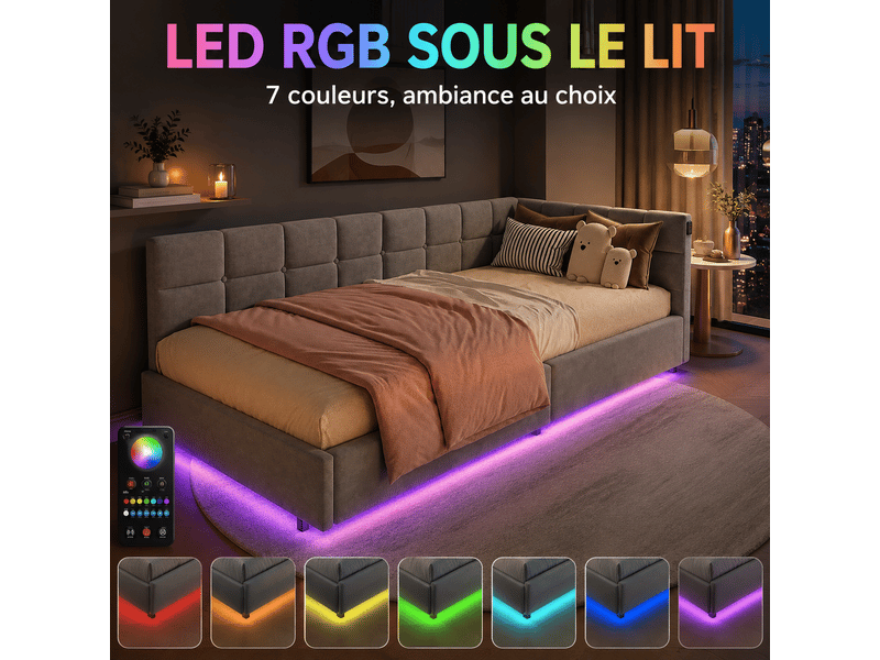 Lit coffre enfant 90x200 cm - éclairage led rgb et charge usb et type c - rangement hydraulique - canapé lit une place 1 personne - Conforama W