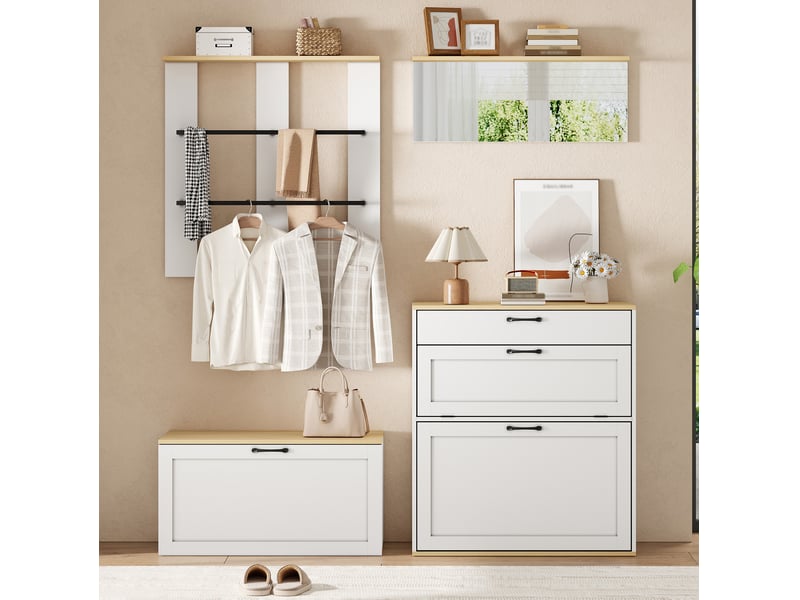  Meubles d'entrée modulables avec meuble à chaussures, banc, miroir, tiroir et 2 tringles en métal 156 × 36 × 176 cm  - Conforama B