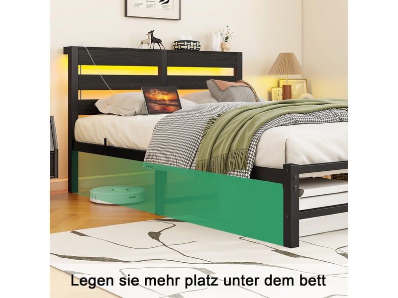  Lit adulte 120x200 cm noir avec led rgb, 2 ports usb, rangement sous le lit et cadre métallique  - Conforama E