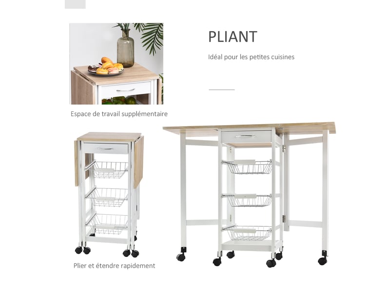  Chariot de service desserte de cuisine à multi-rangements roulettes 3 paniers blanc chêne clair  - Conforama E