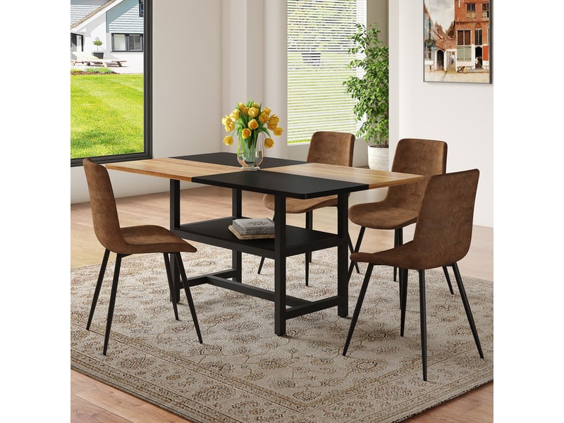  Ensemble table à manger rectangulaire 160 cm avec 4 chaises, étagère intégrée, plateau mdf, tissu marron et métal noir  - Conforama B