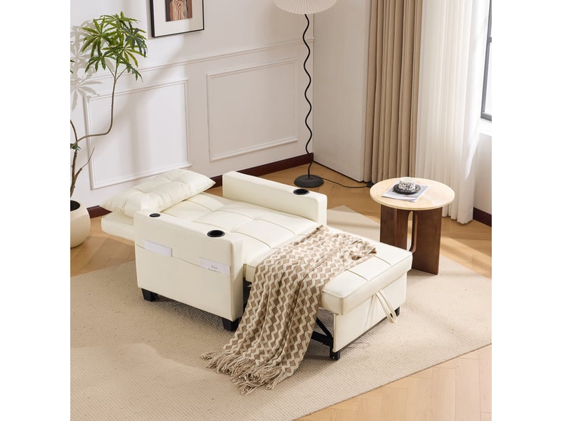  Fauteuil convertible 1 place - 3-en-1 avec usb et porte-gobelet - bois et métal - blanc  - Conforama C