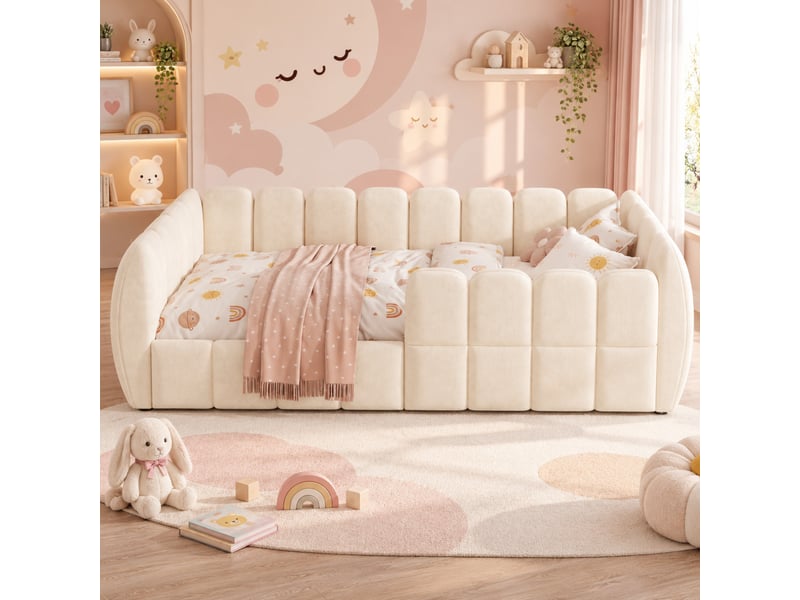  Lit enfant au sol 90x200 cm beige en velours, design fermé avec angles arrondis, sans matelas  - Conforama B