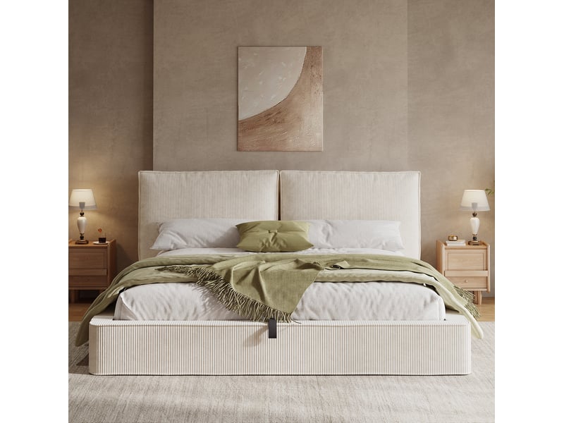  Lit coffre double 180 x 200 cm beige en velours côtelé avec sommier à lattes et tête de lit  - Conforama D