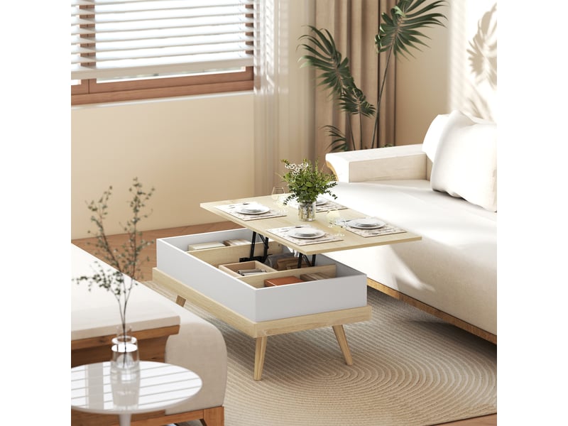 Table basse relevable style scandinave coffre 3 compartiments blanc effet bois clair - Conforama B