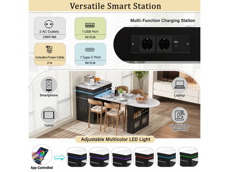 Desserte de cuisine extensible avec 2 tiroirs, led et prises usb en mdf 55-194×80×95,5 cm noire - Conforama C
