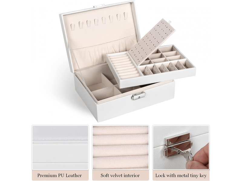 Boîte à bijoux pour femme, coffret à bijoux en cuir verrouillable de 2 couches organisateur à bijoux, petit jewelry stockage cas rangement(blanc) - Conforama D