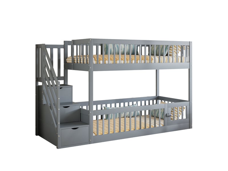  Lit superposé enfant 90 x 200 cm gris en bois, escalier à tiroirs et coin lecture sous le lit pratique  - Conforama A
