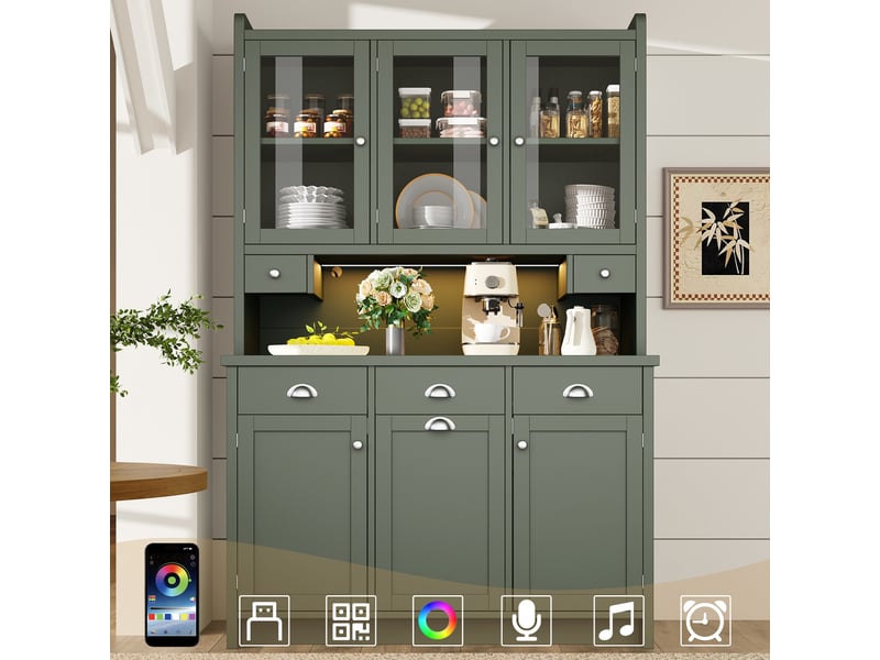  Buffet de cuisine haut led avec 3 portes vitrées, 3 tiroirs et étagères réglables, en mdf, vert, 120 × 40 × 180 cm  - Conforama C