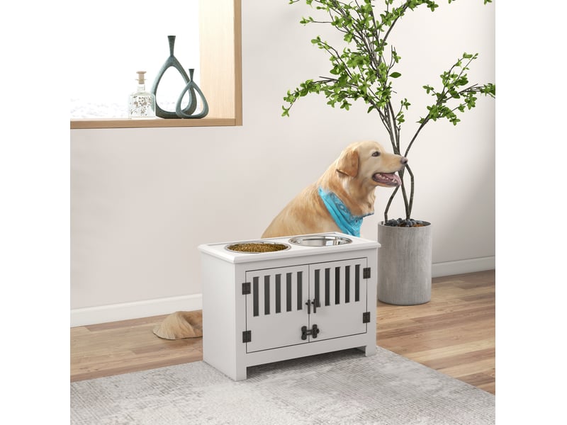  Station de repas surélevée blanche avec rangement verrouillable, 2 gamelles inox 2 l, idéale pour grands animaux  - Conforama B