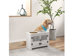 Station de repas surélevée blanche avec rangement verrouillable, 2 gamelles inox 2 l, idéale pour grands animaux