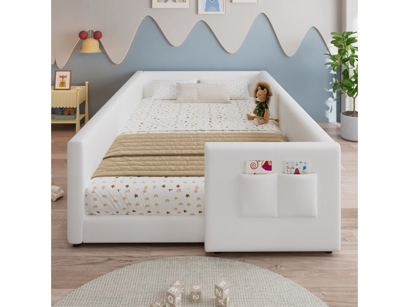  Lit pour enfant rembourré 90x200 cm - avec 2 sacs de rangement - style minimaliste moderne - pu + contreplaqué - blanc (sans matelas)  - Conforama E