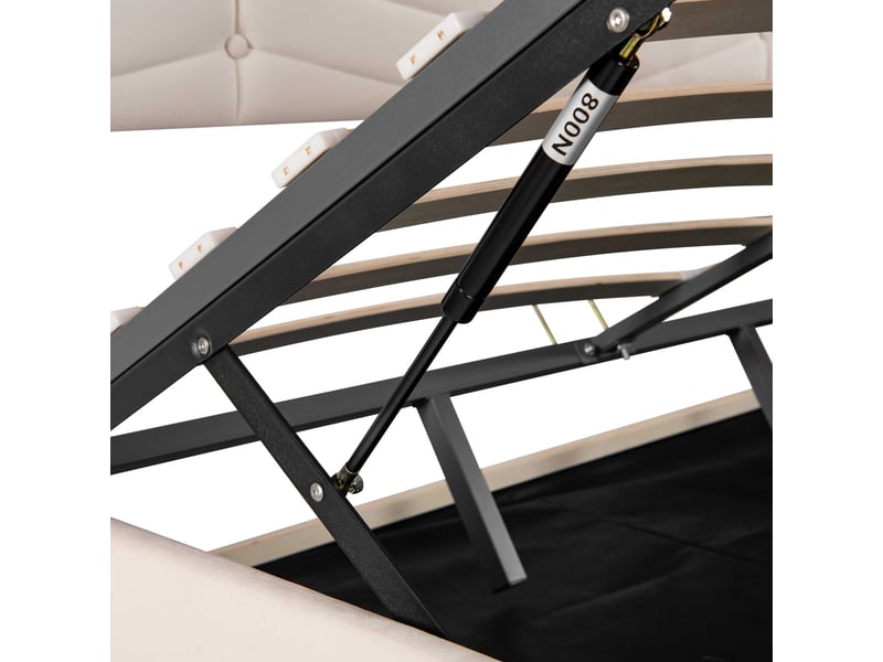 Lit coffre 180x200 cm rembourré, rangement hydraulique, tête de lit réglable en velours avec design rayé et boutons, beige - Conforama D