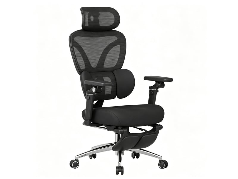  Fauteuil de bureau ergonomique noir avec repose-pieds, appui-tête et soutien lombaire  - Conforama A