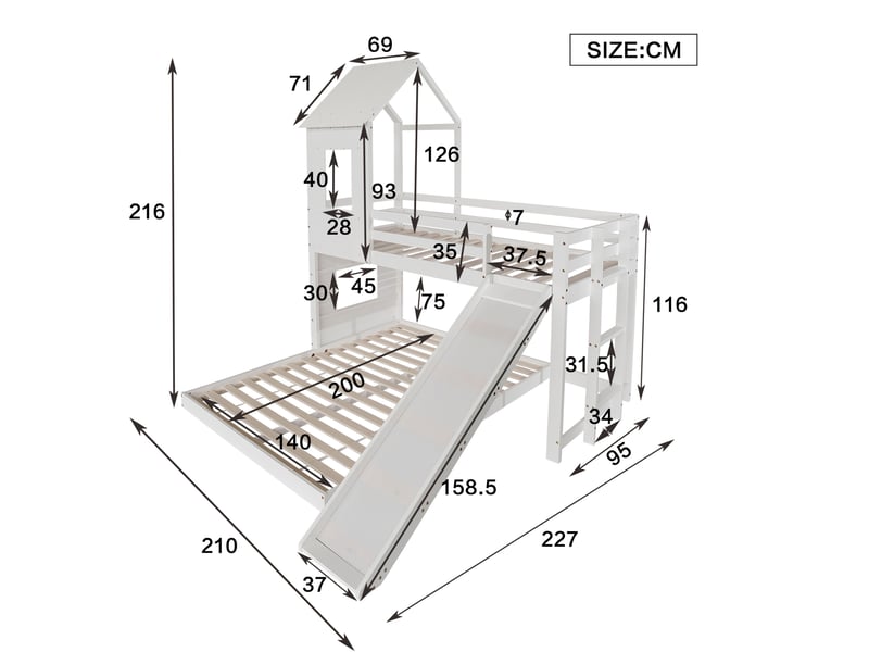  Lit superposé enfant avec toboggan, 90x200 et 140x200 cm, blanc, bois et mdf  - Conforama C