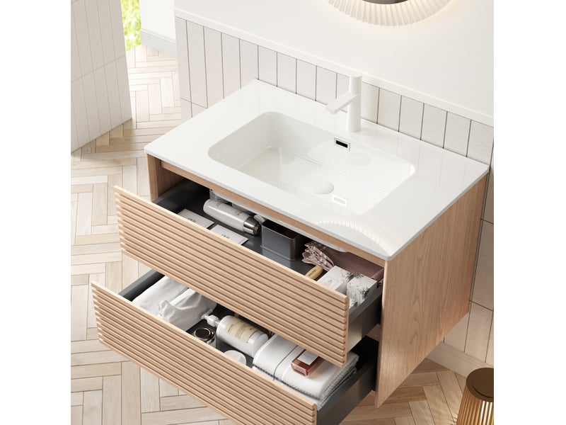 Meuble rangement salle de bain 81 cm deux tiroirs céramique blanc noyer naturel homvra - Conforama B