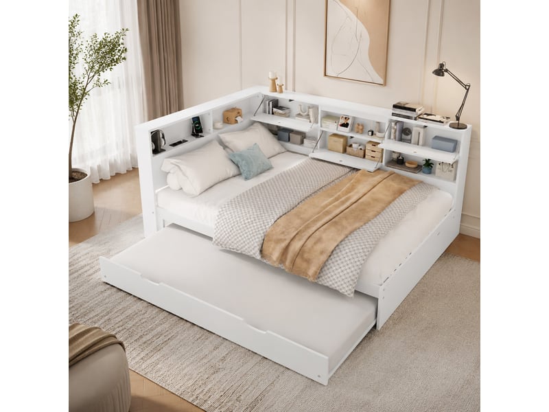  Lit gigogne 140 x 200 cm blanc avec rangement en tête de lit et ports usb + type-c  - Conforama C