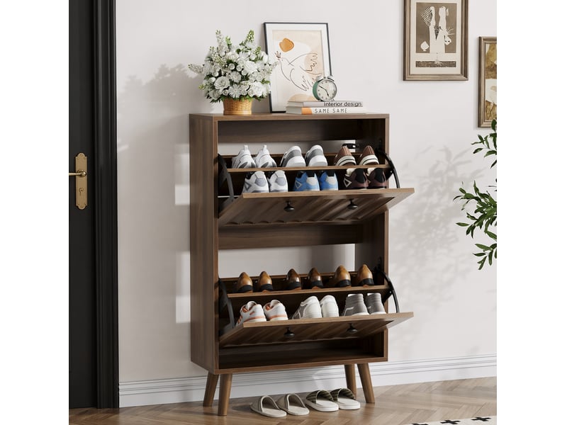  Meuble à chaussures 60x24x95 cm, design vertical rainuré, 2 portes, meuble d'entrée, mdf et aggloméré, couleur noyer  - Conforama B