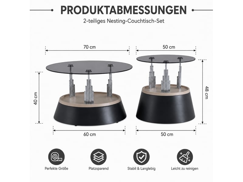  Set de 2 tables basses gigognes en verre trempé et métal, noir, 70 x 48 x 60 cm  - Conforama B