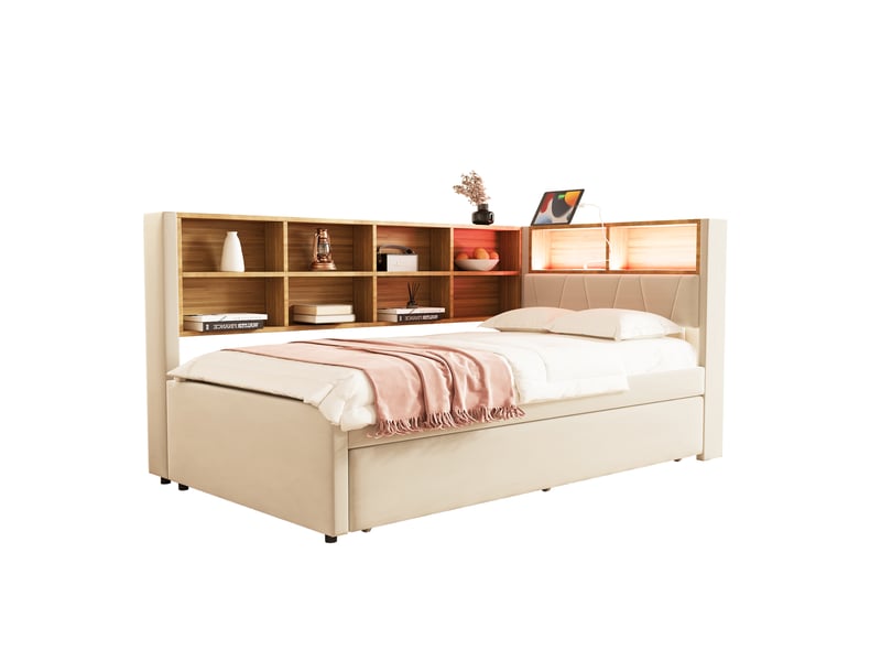  Lit enfant 90x200 cm avec lit gigogne 90x190 cm, éclairage led, prises électrique, compartiments de rangement, sans matelas, beige  - Conforama D