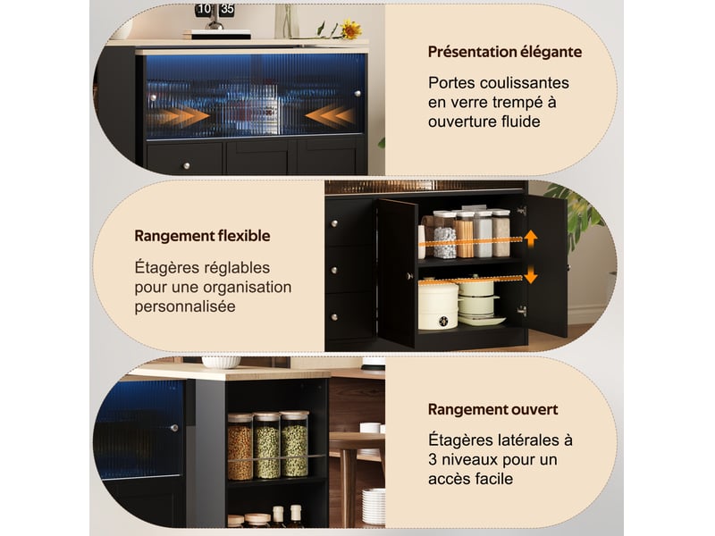  Îlot de cuisine plateau extensible avec 3 tiroirs et 4 portes 172x40x96 cm, roulettes verrouillables, pivotant en mdf c  - Conforama D