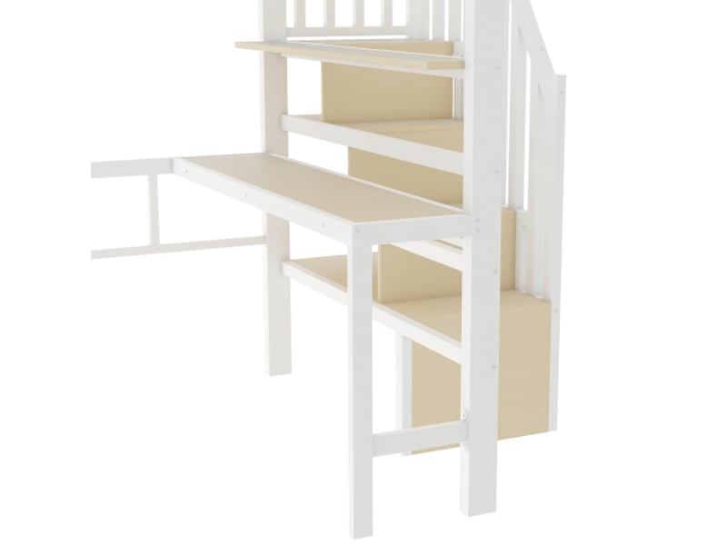 Lit mezzanine 140x200 - cadre acier blanc - bureau intégré, rangement, barre led, escalier de rangement - sans matelas - Conforama E