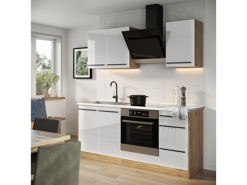  Vicco cuisine, blanc haute brillancechêne doré, 180cm plan de travail chêne doré  - Conforama C