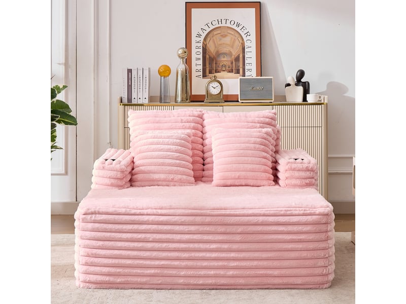 Canapé méridienne en fausse fourrure rose avec porte-gobelets intégrés et assise confortable 135x128x86 cm - Conforama B