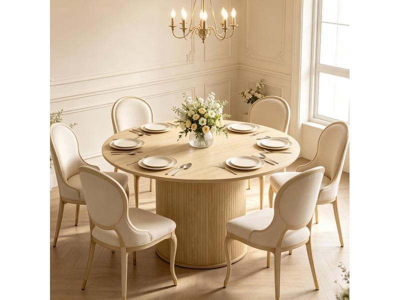  Table de salle à manger ronde pour 4 à 6 personnes avec pied central cannelé, décor bois naturel, ø 120 × 75 cm  - Conforama B
