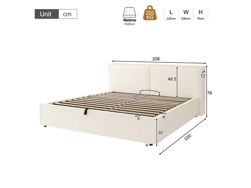 Lit capitonné, lit double, 180 x 200 cm, sommier à lattes, tête de lit capitonnée en bouclé blanc  - Conforama C