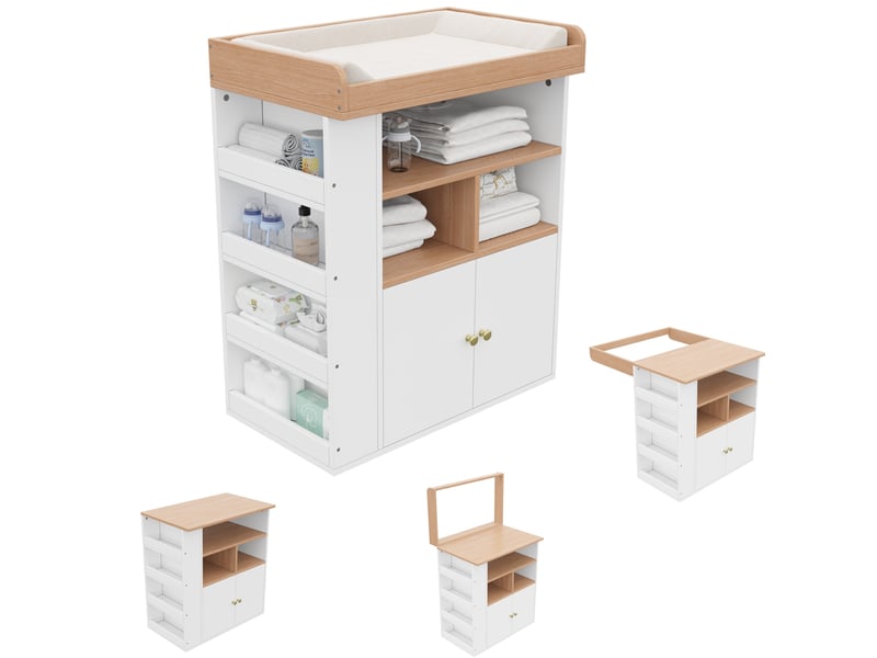  Commode à langer 2 en 1 avec barrière amovible et rangements pour chambre, blanc et bois naturel, 82 × 50 × 100 cm  - Conforama A