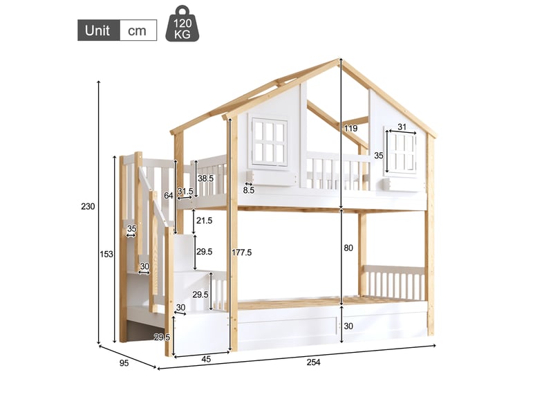  Lit superposé cabane 90x200 + 90x200 cm avec lit coffre hydraulique, escalier de rangement, éclairage led, fenêtre décorative, blanc et naturel OPULERANE TRADING LTD - Conforama C