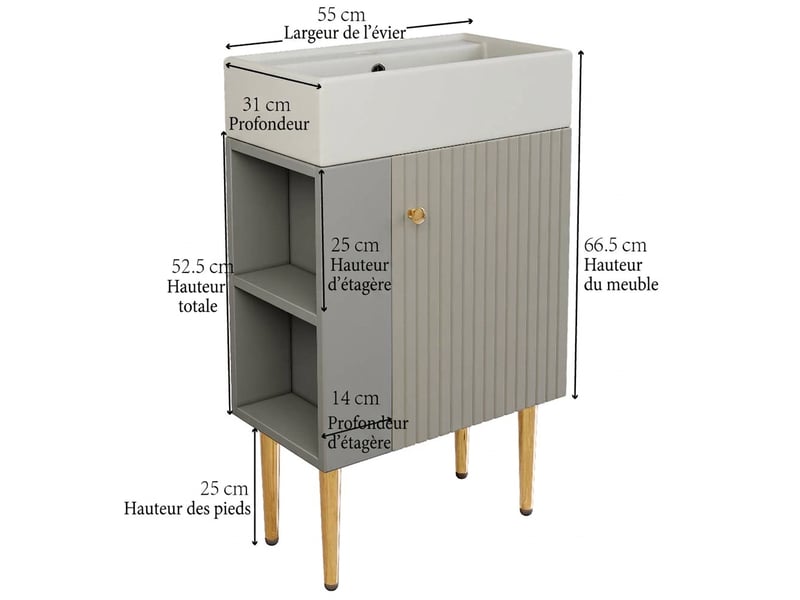  Meuble sous-vasque 55 cm avec vasque en céramique, petit meuble salle de bain sur pied, gris clair  - Conforama E