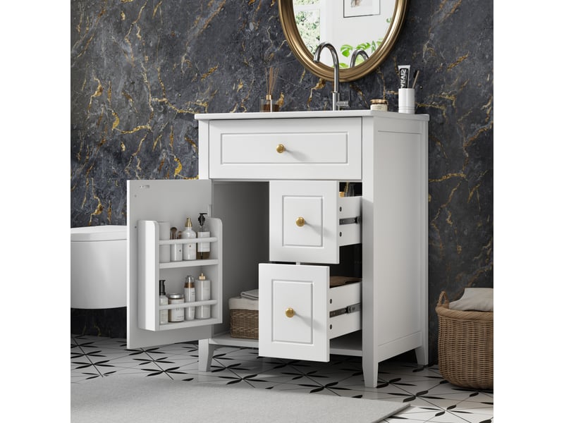 Meuble sous vasque avec 2 tiroirs, 1 abattant et 1 porte avec étagère, vasque en céramique, 61×47×87 cm - Conforama B
