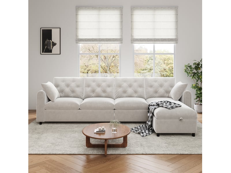  Canapé d'angle convertible modenvie réversible 4 places avec coffre beige 281 x 132 x 86 cm  - Conforama E