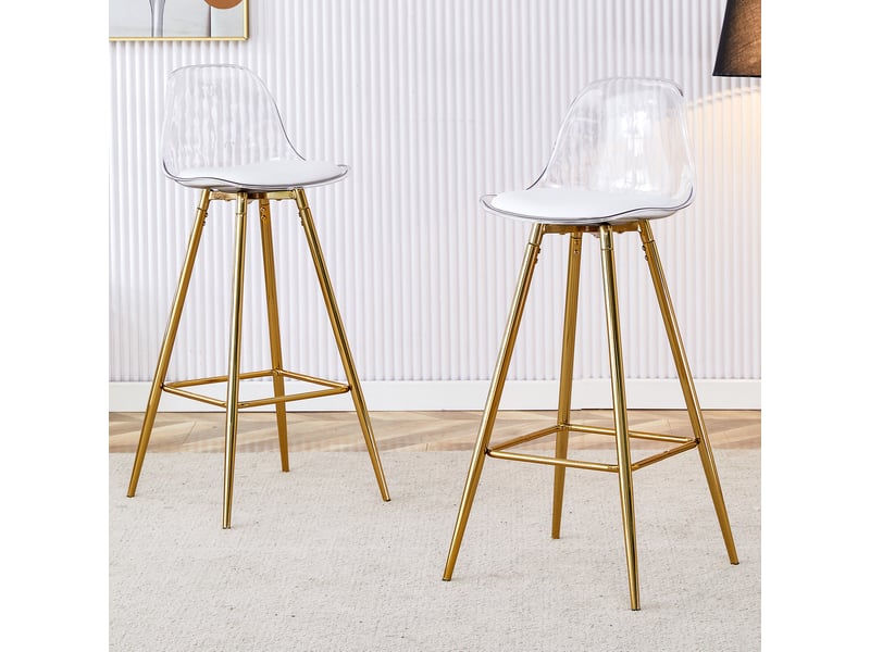  Lot de 2 tabourets de bar, chaise de bar, chaise haute cuisine, dossier transparent, moderne, métal, or et transparent  - Conforama B
