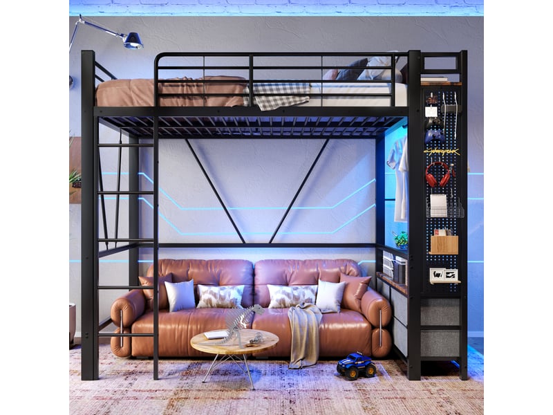  Lit mezzanine 90 x 200 cm 4 tiroirs tablettes barre porte-vêtements prises usb type-c led métal mdf noir sans matelas  - Conforama B