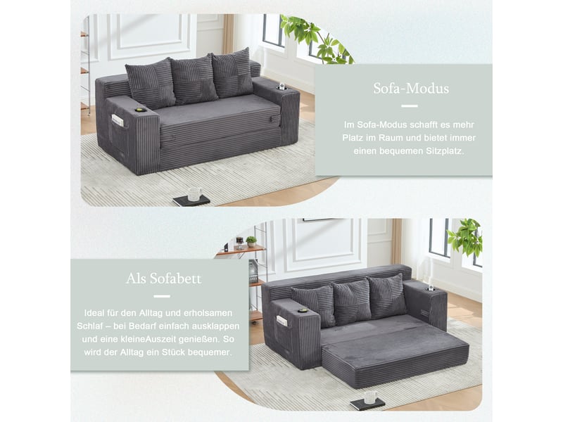  Canapé 3 places en velours côtelé, sans montage, design modulaire, porte-gobelets, rangements latéraux, 172×87×64 cm  - Conforama E