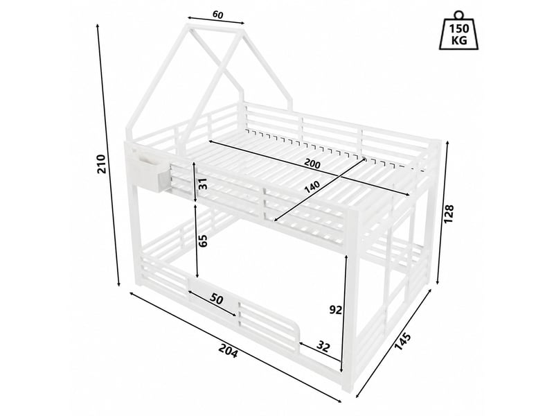  Lit superposé enfant 140 x 200 cm avec led multicolore, toit cabane et rangement, blanc  - Conforama E