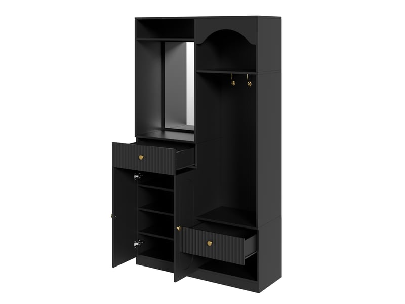  Vestiaire d'entrée avec miroir et led, crochets et banc - lpospi - rangements, étagères réglables, mdf - noir  - Conforama E