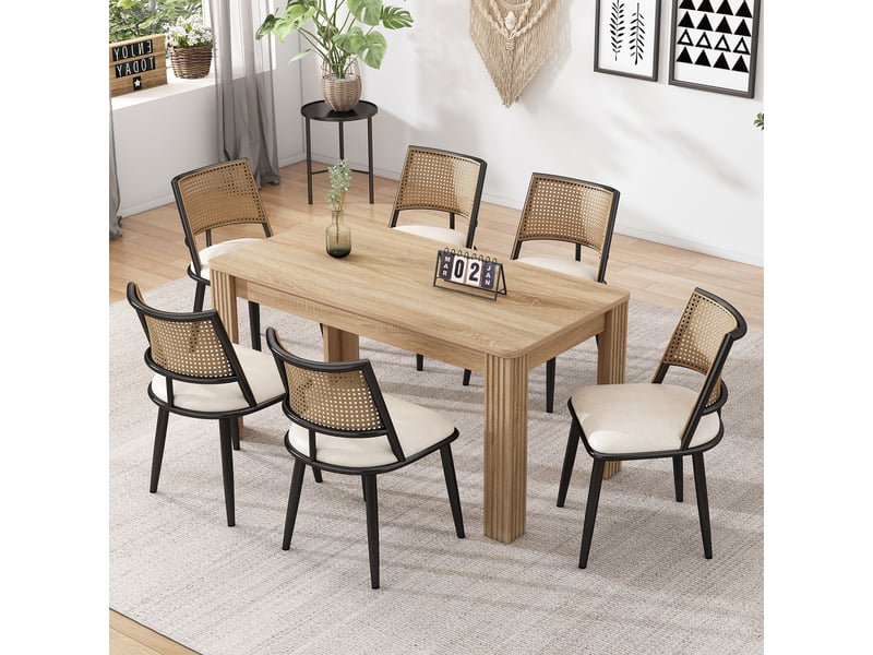  Lot de 6 chaises salle à manger avec dossier en rotin  - assise rembourrée en pu, métal - noir  - Conforama B