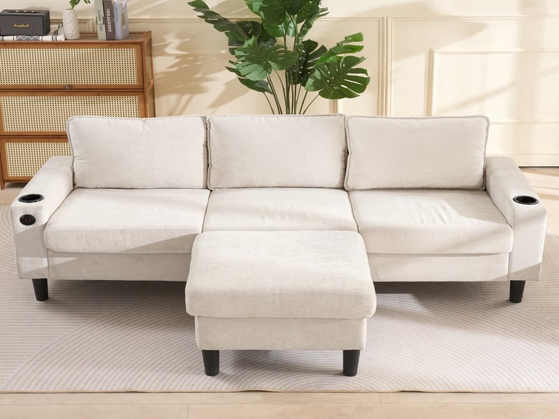 Canapé d’angle l 3 places avec porte-gobelets, usb type-c et poches latérales, 202 x 137 x 80 cm, tissu lin, beige  - Conforama B