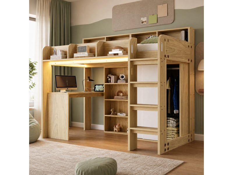  Lit mezzanine, lit simple 90x200 cm avec bureau, armoire, rangements, led et prises, sans matelas, teinte bois  - Conforama C