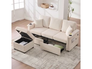 Canapé d'angle réversible convertible <strong></strong> <strong>Radiant Stride</strong> 3 places Tissu beige avec coffre de rangement
