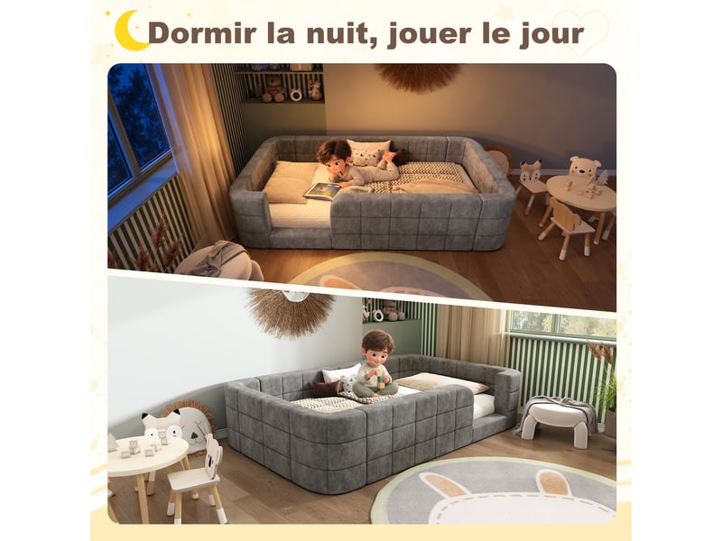  Lit au sol enfant 90x200 cm, lit rembourré, barrière de sécurité, sommier à lattes, couchage confortable pour 2 personnes, chenille gris CozyNest - Conforama E