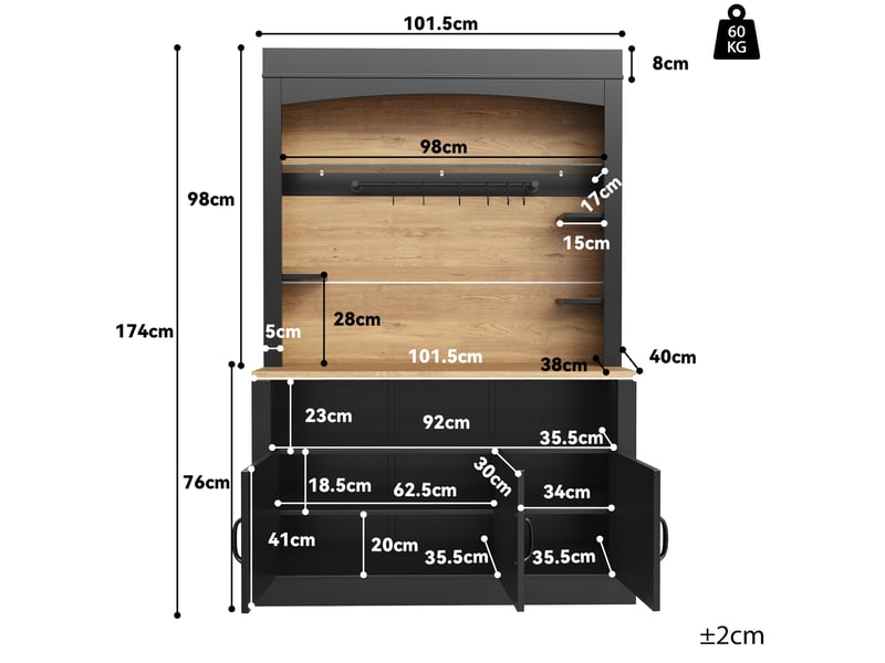  Lot de 2 buffets hauts de cuisine 203 x 40 x 174 cm noir, led rgb par application, 2 plans de travail, 12 crochets et 6 tablettes pour cuisine  - Conforama C