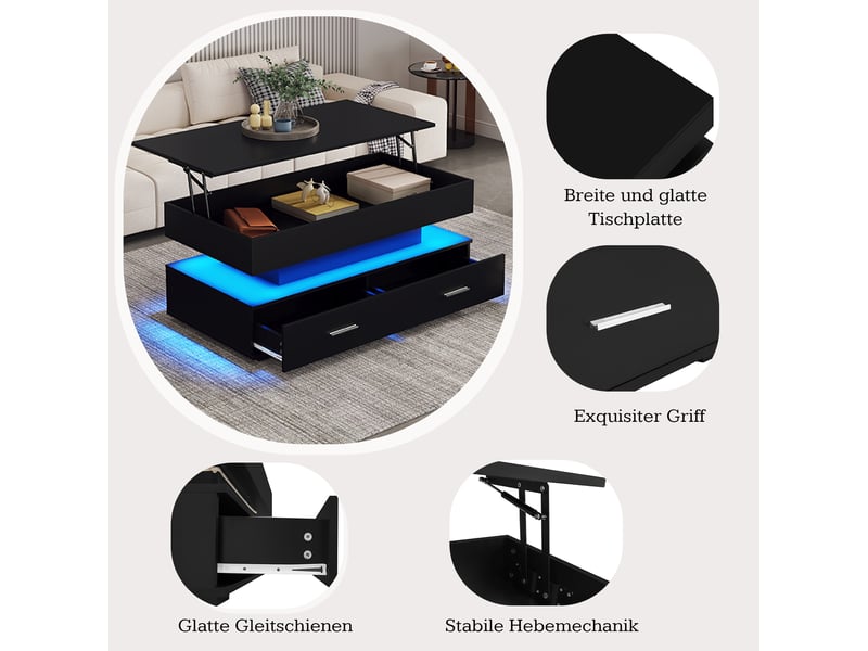  Table basse noire 100x50x44 cm – réglable, led et bluetooth, 2 tiroirs – meuble salon moderne  - Conforama D