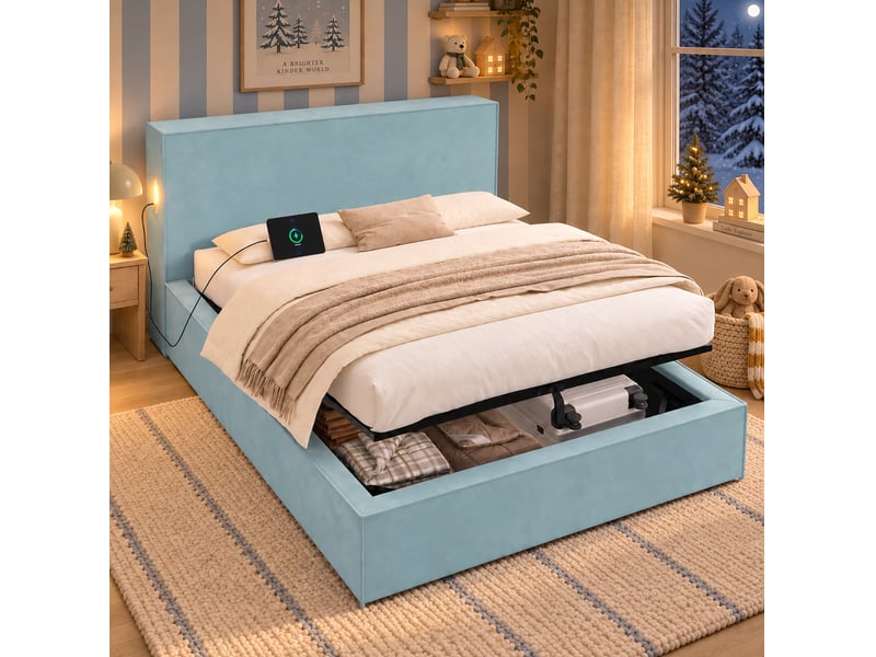  Lit enfant 140x200 cm en velours avec sommier et rangement hydraulique bleu chicfurn  - Conforama C